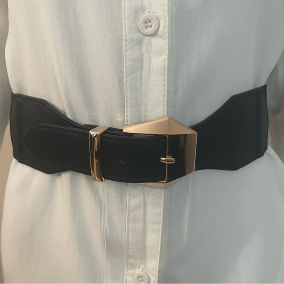 Black PU leather gold tone buckle elastic waistband belt - Picture 1 of 8